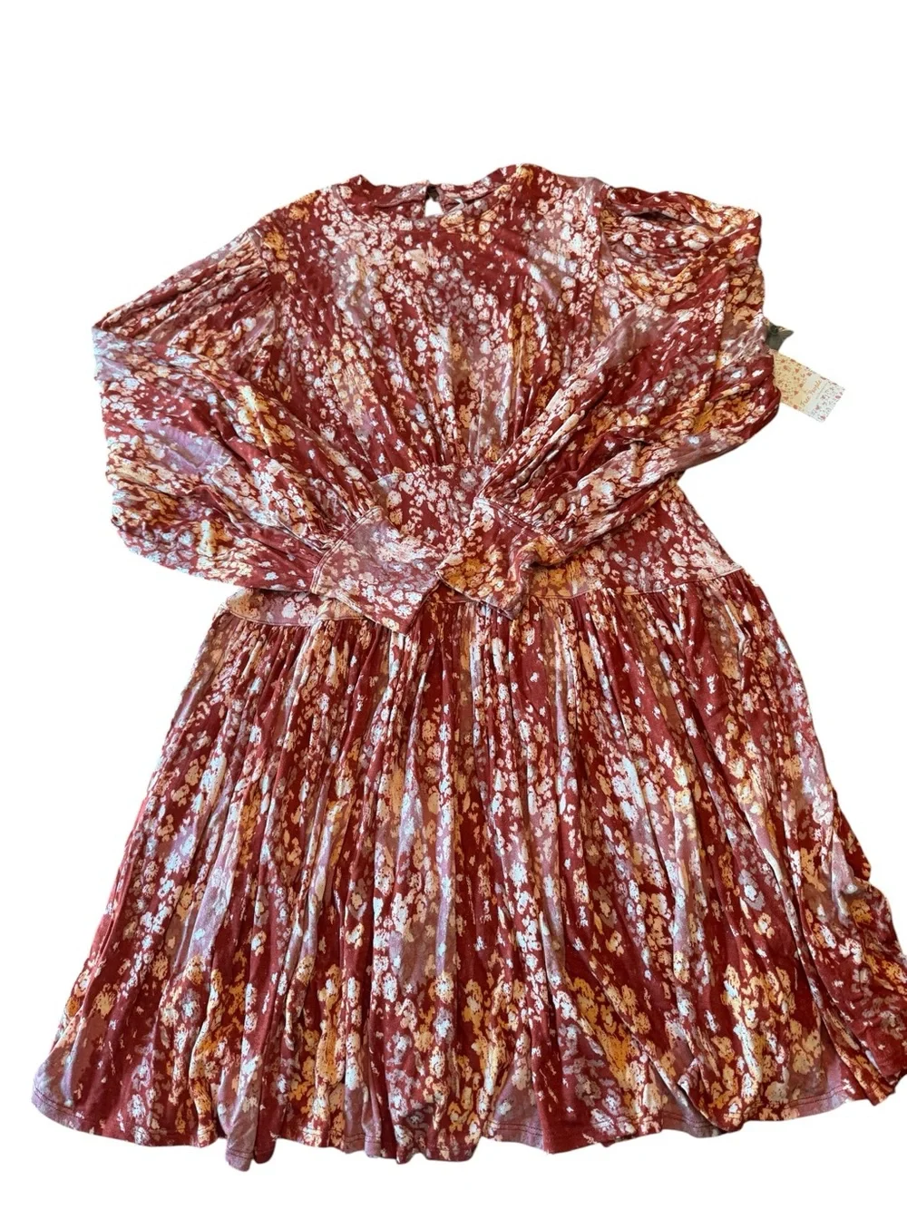 Free People Heartbeats Mini Rust Floral Long-Sleeve Mini Dress Size L NWT - Picture 4 of 10